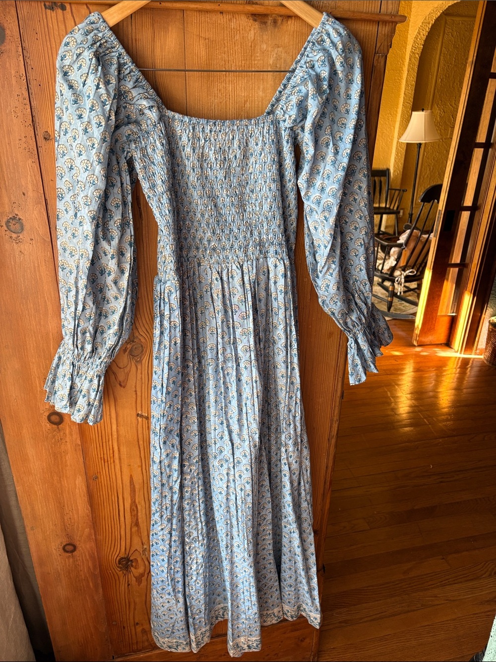 💯 cotton Blue Floral Smocked Maxi Dress with Long Puff Sleeves